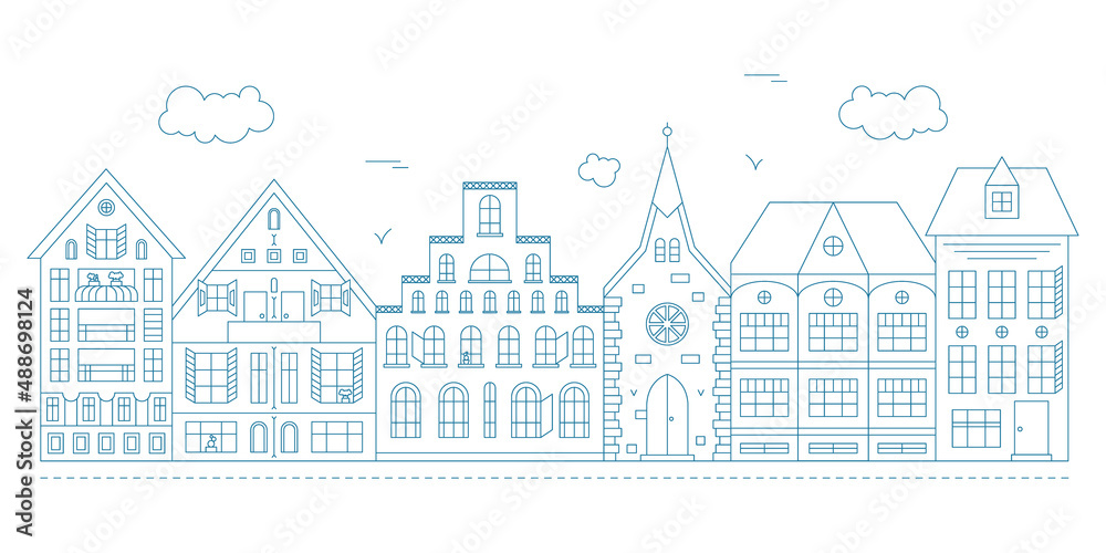 Vector line art illustration with suburban cityscape. Five houses and one chirch.