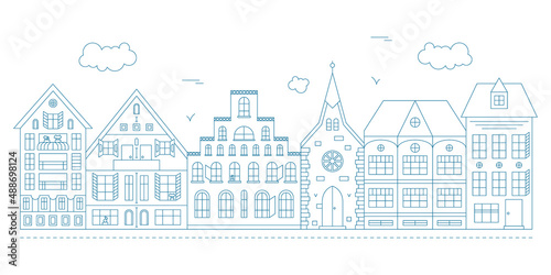 Vector line art illustration with suburban cityscape. Five houses and one chirch.