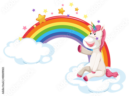 Cartoon unicorn sitting on a cloud with rainbow