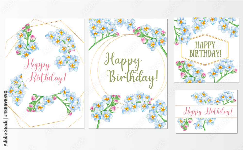 set of birthday card designs with hand painted watercolor illustration of forget me not flowers set of birthday card designs with hand painted watercolor illustration of forget me not flowers