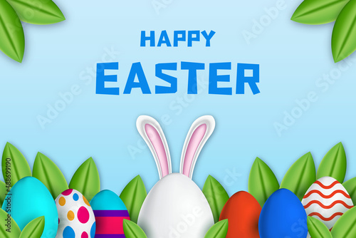 happy easter day banner poster design with 3d illustration eggs, leaves, and rabbit ears