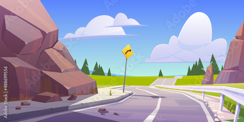 Mountain asphalt road with metal railings, empty highway in rocky summer time countryside landscape with turn sign. Speedway travel scenic background with blue cloudy sky. Cartoon vector illustration