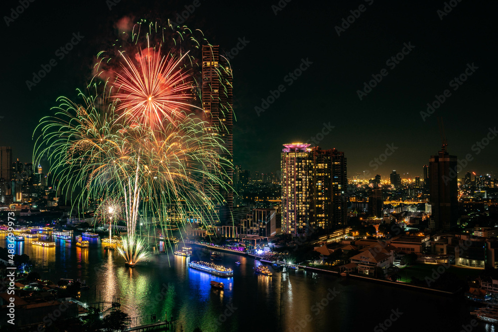 Bangkok river side fire work , new year day , Bangkok , Thailand Bangkok river side fire work , new year day , Bangkok , Thailand