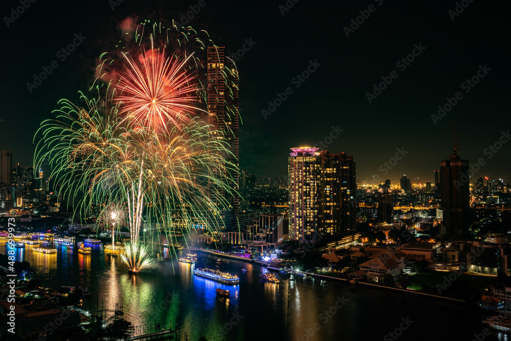 Bangkok river side fire work , new year day , Bangkok , Thailand 