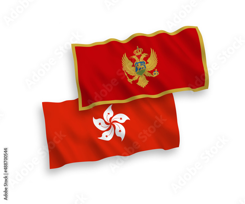 National vector fabric wave flags of Montenegro and Hong Kong isolated on white background. 1 to 2 proportion.