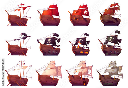 Photo Pirate ship and galleon before and after sea battle