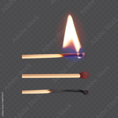 Realistic match stick and flame match icon set, closeup isolated on transparency grid background. Whole and burnt matchstick. Vector format