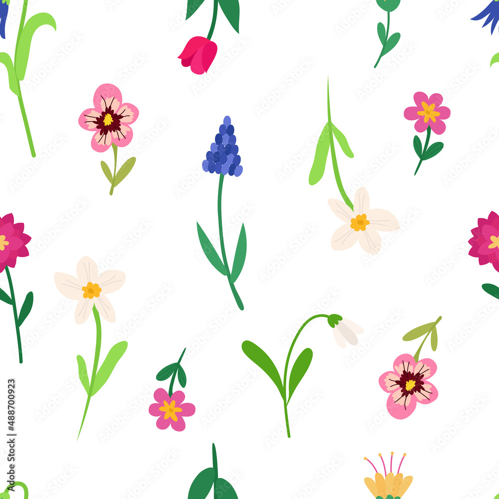 Seamless pattern with spring bright colorful flowers of tulip, narcissus, muscari, pansies, bell, peony. Vector background for printing on paper, fabric, packaging. Seamless pattern with spring bright colorful flowers of tulip, narcissus, muscari, pansies, bell, peony. Vector background for printing on paper, fabric, packaging.