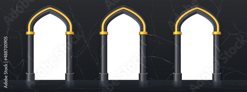 Arches in black marble wall and columns with gold decoration. Vector cartoon illustration of luxury vintage interior of castle, royal palace or temple with marble terrace and arcade
