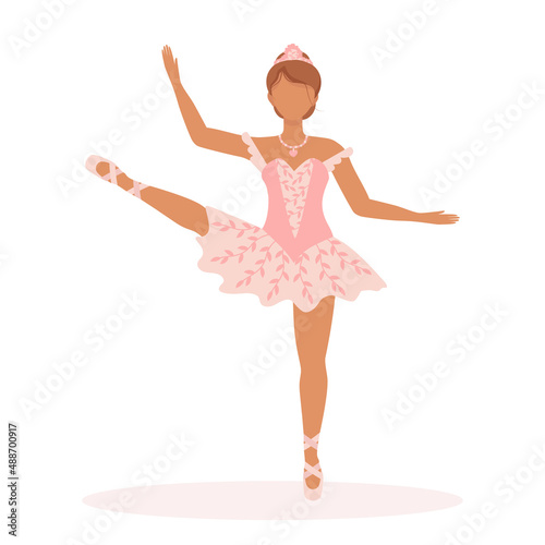 Ballerina girl dancing in a beautiful tutu dress and pointe shoes. Elegant vector illustration of a performance in pink tones for design or decor.