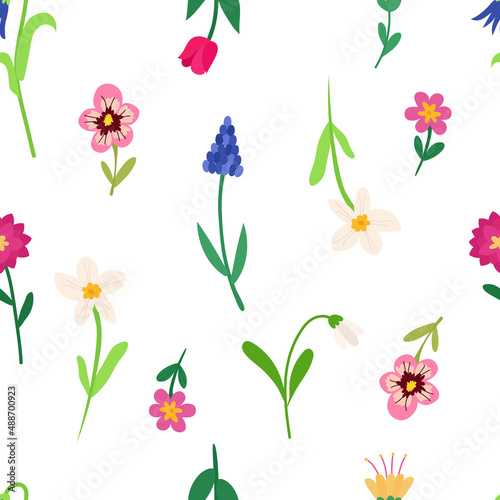Seamless pattern with spring bright colorful flowers of tulip  narcissus  muscari  pansies  bell  peony. Vector background for printing on paper  fabric  packaging.