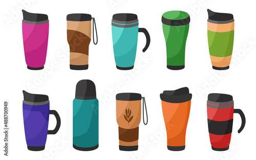 Large set of bright reusable thermos cups and thermos flasks for the concept of zero waste. For hot drinks, coffee, tea, cocoa. Vector illustration in cartoon style.