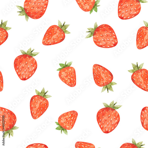 Fototapeta Naklejka Na Ścianę i Meble -  Watercolor seamless pattern with strawberries. Summer hand-drawn texture on white background
