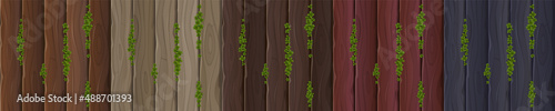 Textures of different color wooden boards. Vector cartoon set of seamless patterns with wood wall, fence or floor surface with green grass between lumber planks