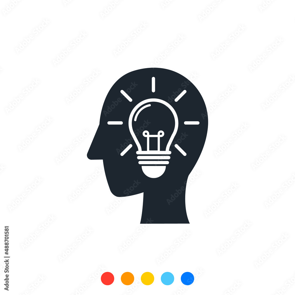 Human head icon and light bulb inside, Icon in the concept of creativity. Human head icon and light bulb inside, Icon in the concept of creativity.