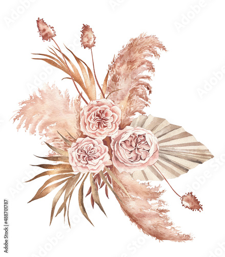 Trendy dried palm leaves, blush pink rose, pale protea,  pampas grass watercolor design wedding bouquet. Trendy flowers. Beige, gold, brown, rust, taupe. Elements are isolated and editable