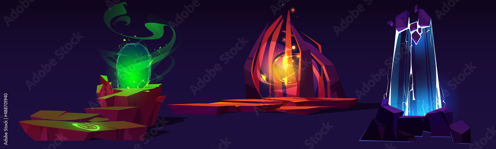 Fototapeta premium Magic portals, fantasy teleports on alien planet, 2d landscape locations. Game level ui design, flying platforms for jumping, entrance to parallel world with glowing plasma Cartoon vector illustration
