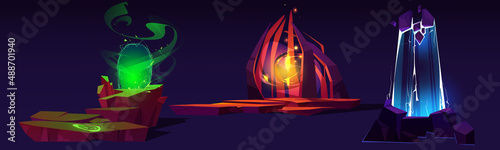 Magic portals, fantasy teleports on alien planet, 2d landscape locations. Game level ui design, flying platforms for jumping, entrance to parallel world with glowing plasma Cartoon vector illustration