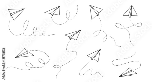 Paper airplane vector icon. Doodle outline style paper airplane. Simple origami aircraft element. Drawing doodle vector illustration.