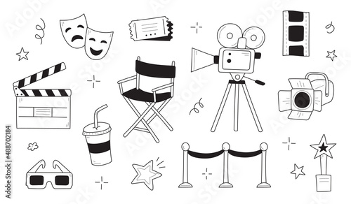 Movie, cinema doodle icon illustration. Doodle hand drawn sketch style movie elements, popcorn, video camera, clapperboard. Vector line illustration.