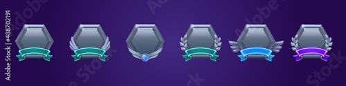 Game level metallic ui icons, empty hexagon badges with banners, wings, gem stone or laurel wreath. Isolated metal award frames or bonus graphic elements, reward, trophy achievement vector Set for rpg