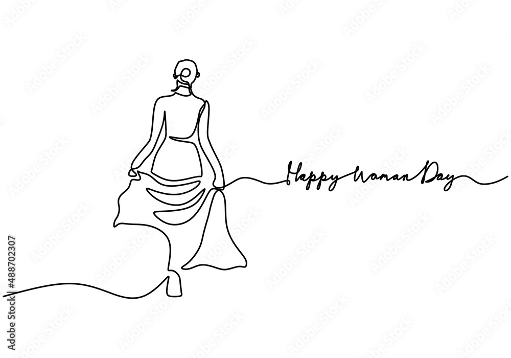 One continuous single line of happy woman day with lady wear gown isolated on white background.