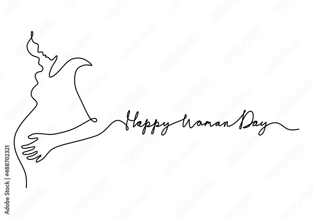 One continuous single line of happy woman day with pregnant mom isolated on white background. One continuous single line of happy woman day with pregnant mom isolated on white background.