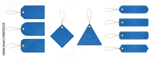 Jeans cloth labels and tags for apparel, denim textile brand badges triangle, rhombus, rectangle and oval shapes with seam and loop. Isolated fabric elements for clothing, Realistic 3d vector set