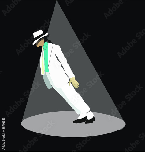 flat illustration. Dancer-singer resembling Michael Jackson in a white suit with a tie in the spotlight.