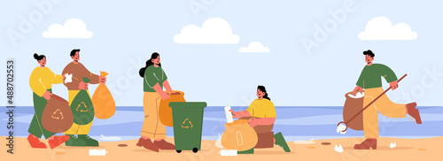 People collecting trash on beach. Volunteers with bags and recycling bins clean up wastes on ocean coastline. Seaside pollution with different garbage, ecology protection, Line art vector illustration