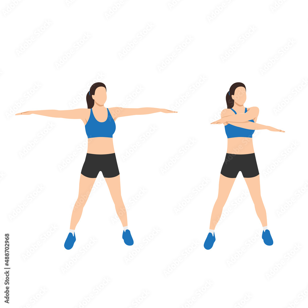 Woman doing arm swings exercise. Flat vector illustration isolated on white background Woman doing arm swings exercise. Flat vector illustration isolated on white background