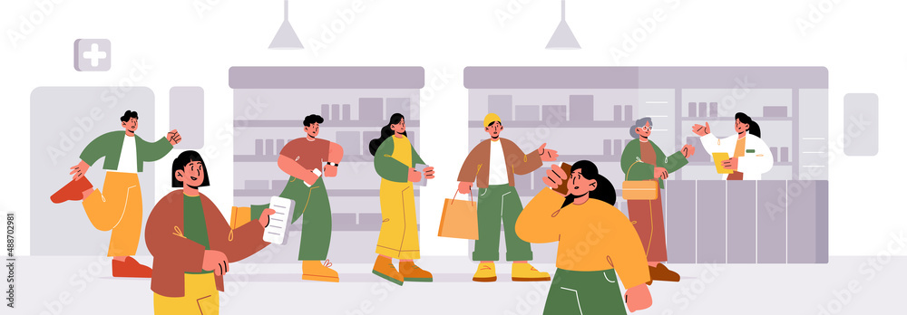 Queue in pharmacy, people line at drug store counter desk with pharmacist. Customers paying for medicine purchase, choose pills on shelves. Characters get medicine service Line art vector illustration