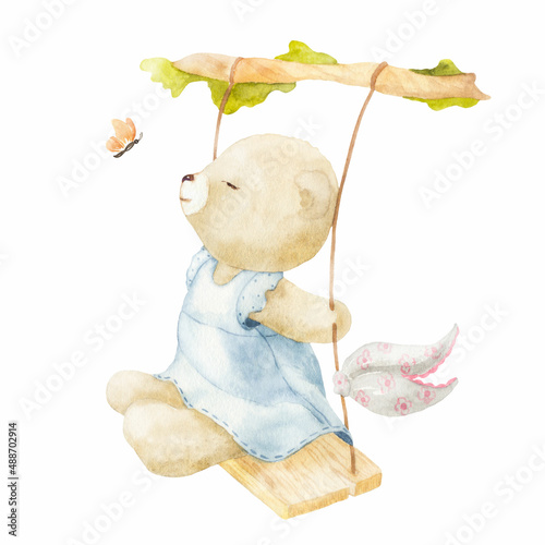 Cute watercolor illustration of a little bear girl swinging on a swing.