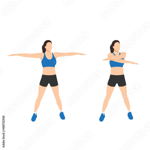 Woman doing arm swings exercise. Flat vector illustration isolated on white background