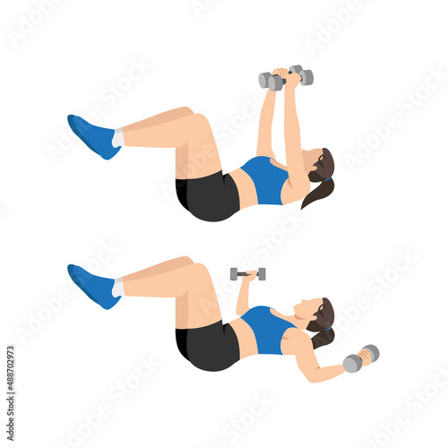 Woman doing Chest fly exercise. Flat vector illustration isolated on white background