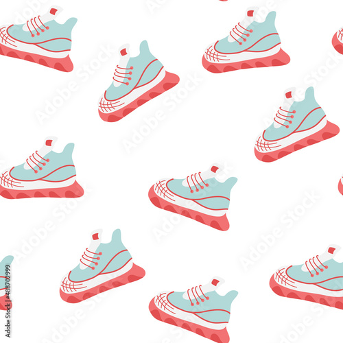Sneakers seamless pattern. Sport shoes background. Hiking footwear and other shoes for training. Perfect for wrapping paper, textile, fabric prints. Vector cartoon hand draw  illustration