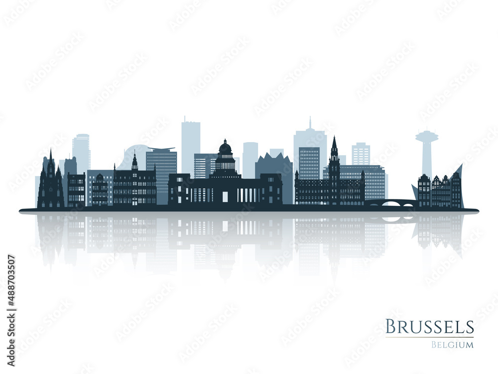 Brussels skyline silhouette with reflection. Landscape Brussels, Belgium. Vector illustration.
