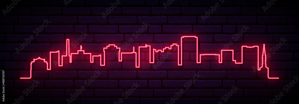 Obraz premium Red neon skyline of Utica. Bright Utica City long banner. Vector illustration.