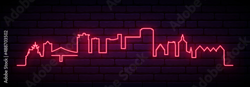 Red neon skyline of Bergen. Bright Bergen City long banner. Vector illustration.