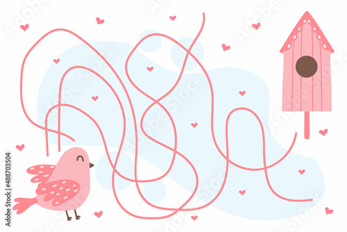 Cute children's maze with a bird and a birdhouse. Children's puzzle with a bird in pink colors. Help the bird get to the house. Vector illustration in cartoon style.