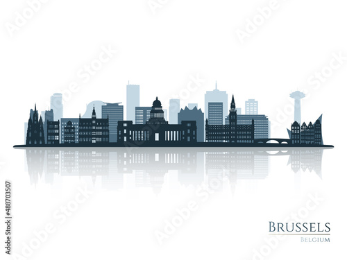 Brussels skyline silhouette with reflection. Landscape Brussels, Belgium. Vector illustration.