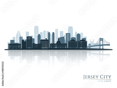 Jersey City skyline silhouette with reflection. Landscape Jersey City, New Jersey. Vector illustration.