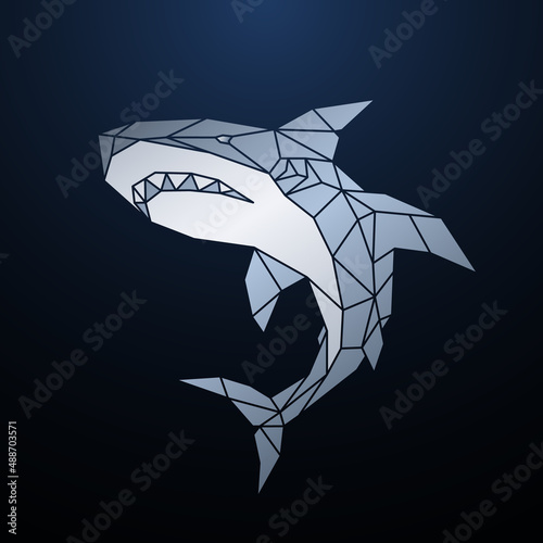 Polygonal shark at depth. Shark with open jaws preparing to attack. Vector illustration for your project.