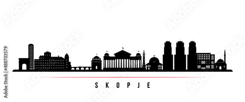 Skopje skyline horizontal banner. Black and white silhouette of Skopje  North Macedonia. Vector template for your design.