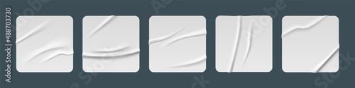White glued stickers, crumpled paper patches mockup. Blank shrunken labels of square shapes with rounded corners, wrinkled emblems with curve edges, ui or gui elements, buttons Realistic 3d vector set