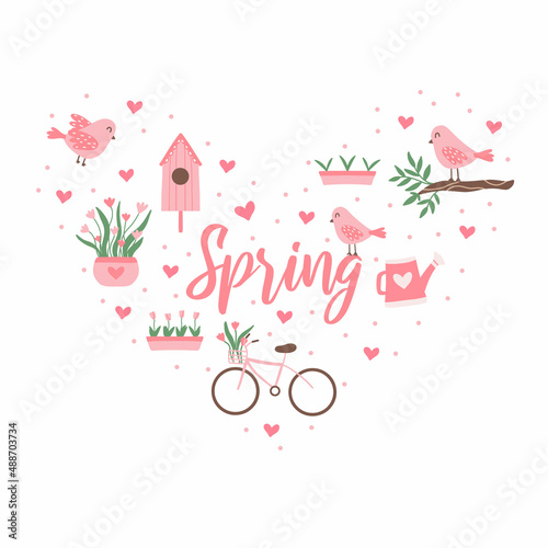 Spring poster with birds, birdhouse. bicycle, flowers and tulips. Poster with heart and spring lettering. Vector illustration in cartoon style.