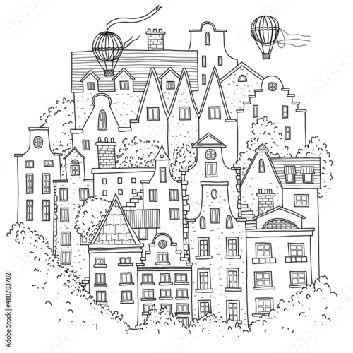Old europe city with trees and balloons. Hand drawn coloring page.