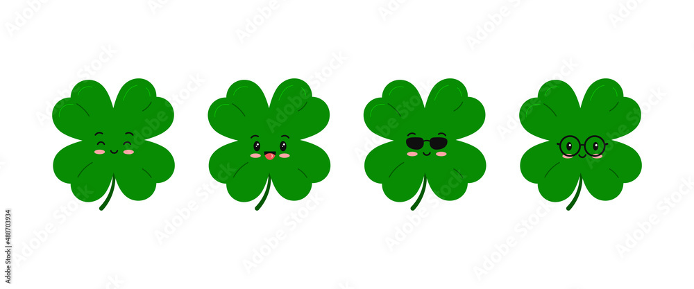 Cute clover four leaf kids character set isolated on white background.  Green kawaii emoji 4 leaves clover lucky emoji mascot Flat design cartoon  vector illustration. Stock Vector | Adobe Stock