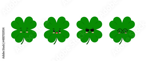 Cute clover four leaf kids character set isolated on white background. Green kawaii emoji 4 leaves clover lucky emoji mascot Flat design cartoon vector illustration. 