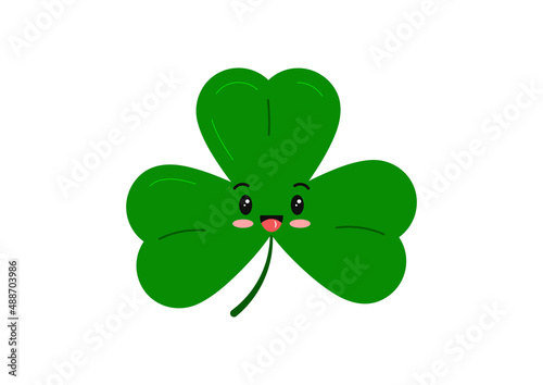 Cute irish shamrock clover smiling character isolated on white background. Green good luck clover tree leaf plant kawaii mascot. Flat design cartoon style vector illustration. 